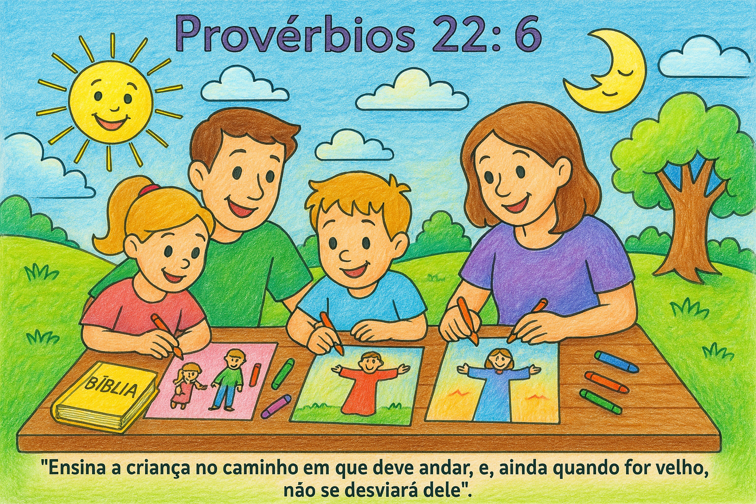 Desenho de Provérbios 22:6 com família lendo a Bíblia e colorindo